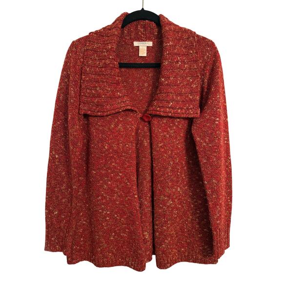 Ponsesa Women's Large Boho Multicolored Burnt Red Button Wide Collar Cardigan - Picture 1 of 6